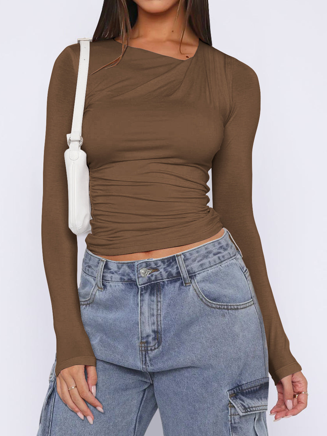 Ruched Asymmetrical Neck Long Sleeve T-Shirt in Slim Fit - Image 18