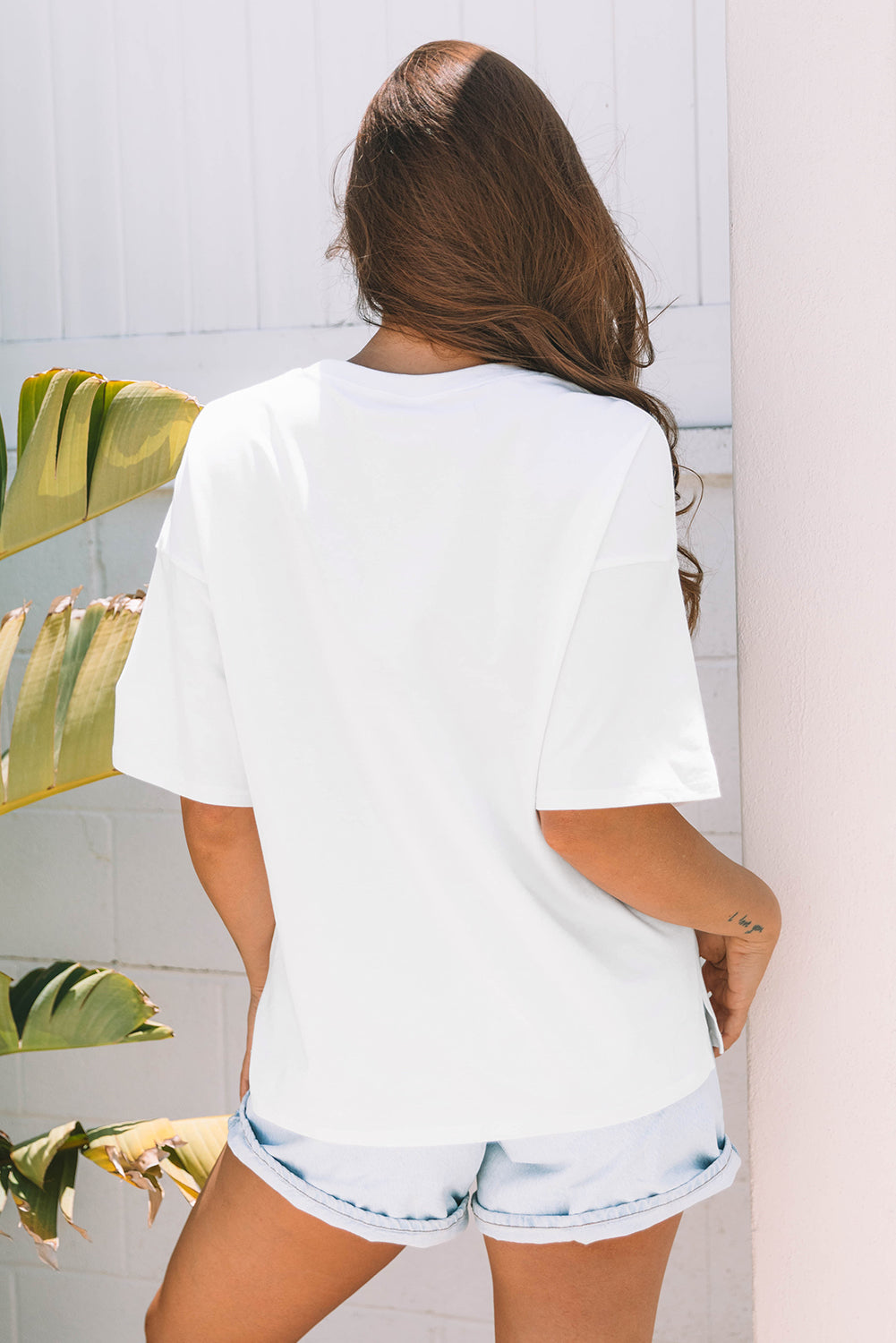 White Layered Star Patched Half Sleeve Loose Fit Cotton Tee