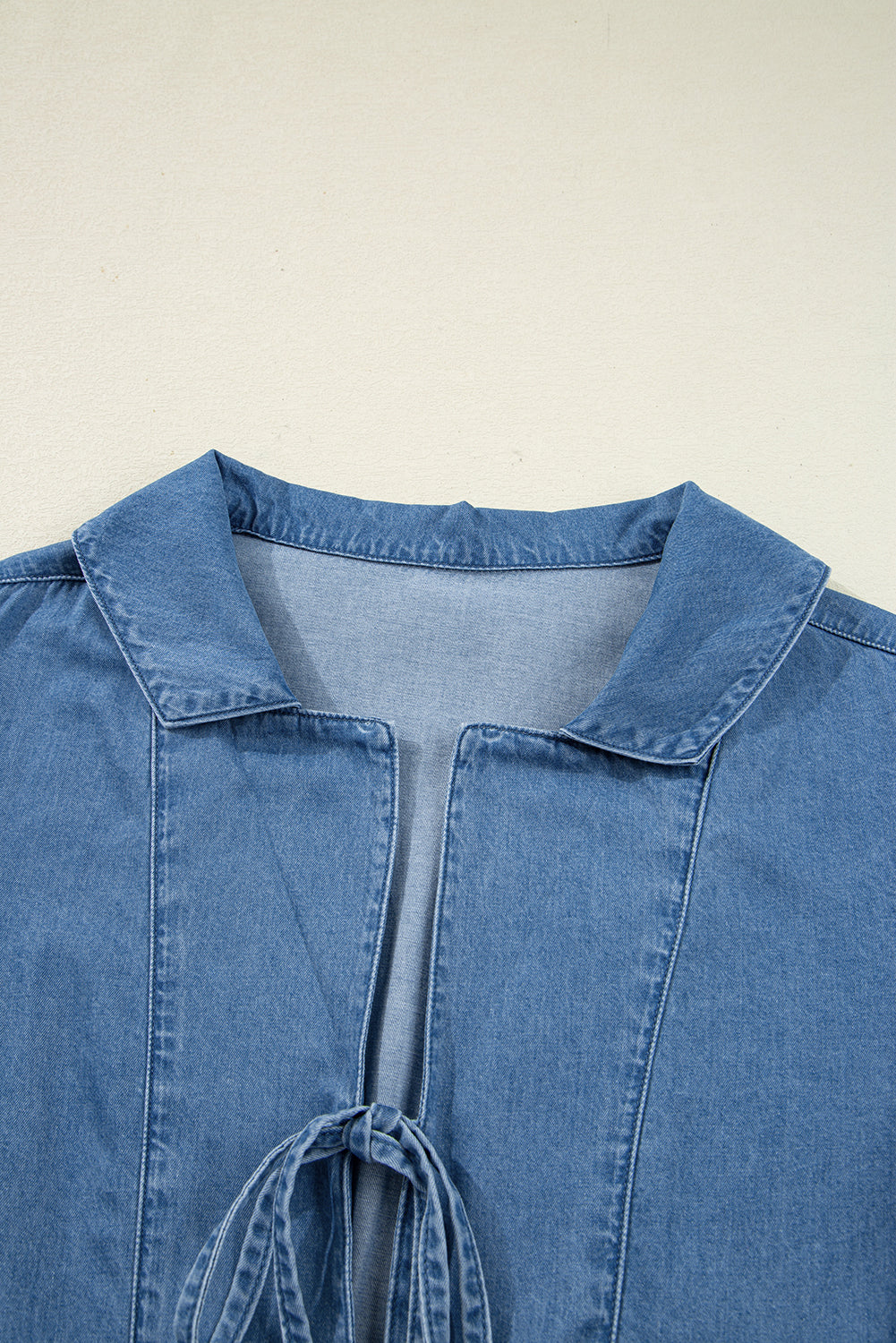 Denim Lapel Neck Balloon Sleeve Peplum Top