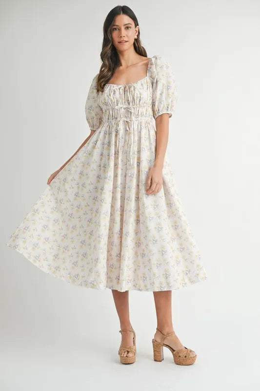 Floral Drawstring Puff Sleeve Midi Dress in White, Yellow, Blue