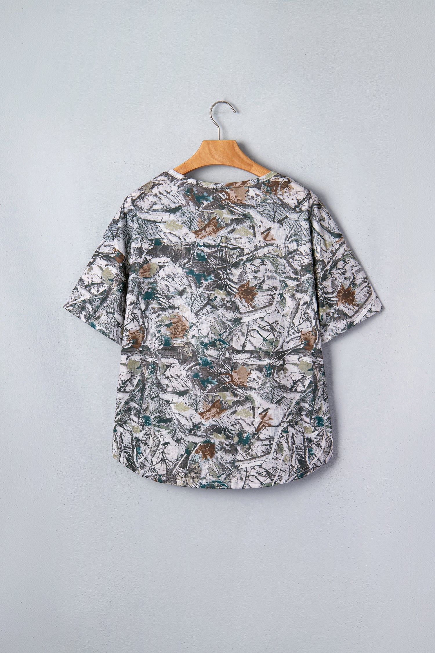 Woodland Camo Henley Tunic T-Shirt, Relaxed Fit Short Sleeve Top