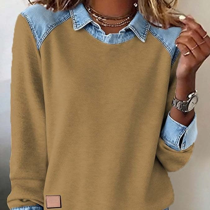 A blue patchwork knit pullover featuring a structured denim collar for an edgy street-style aesthetic.
