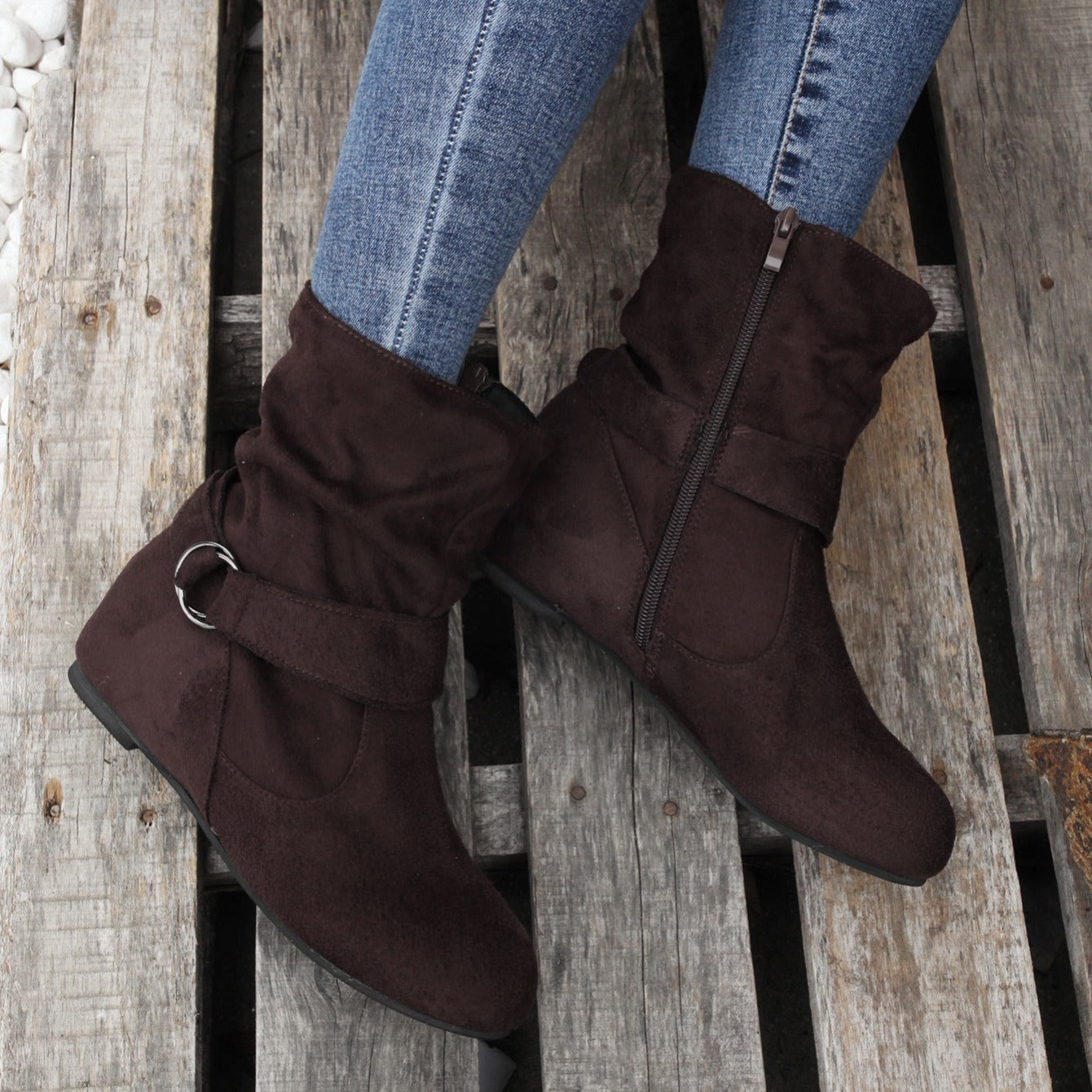 Women's Ankle Boots with Buckle Belt & Side Zip