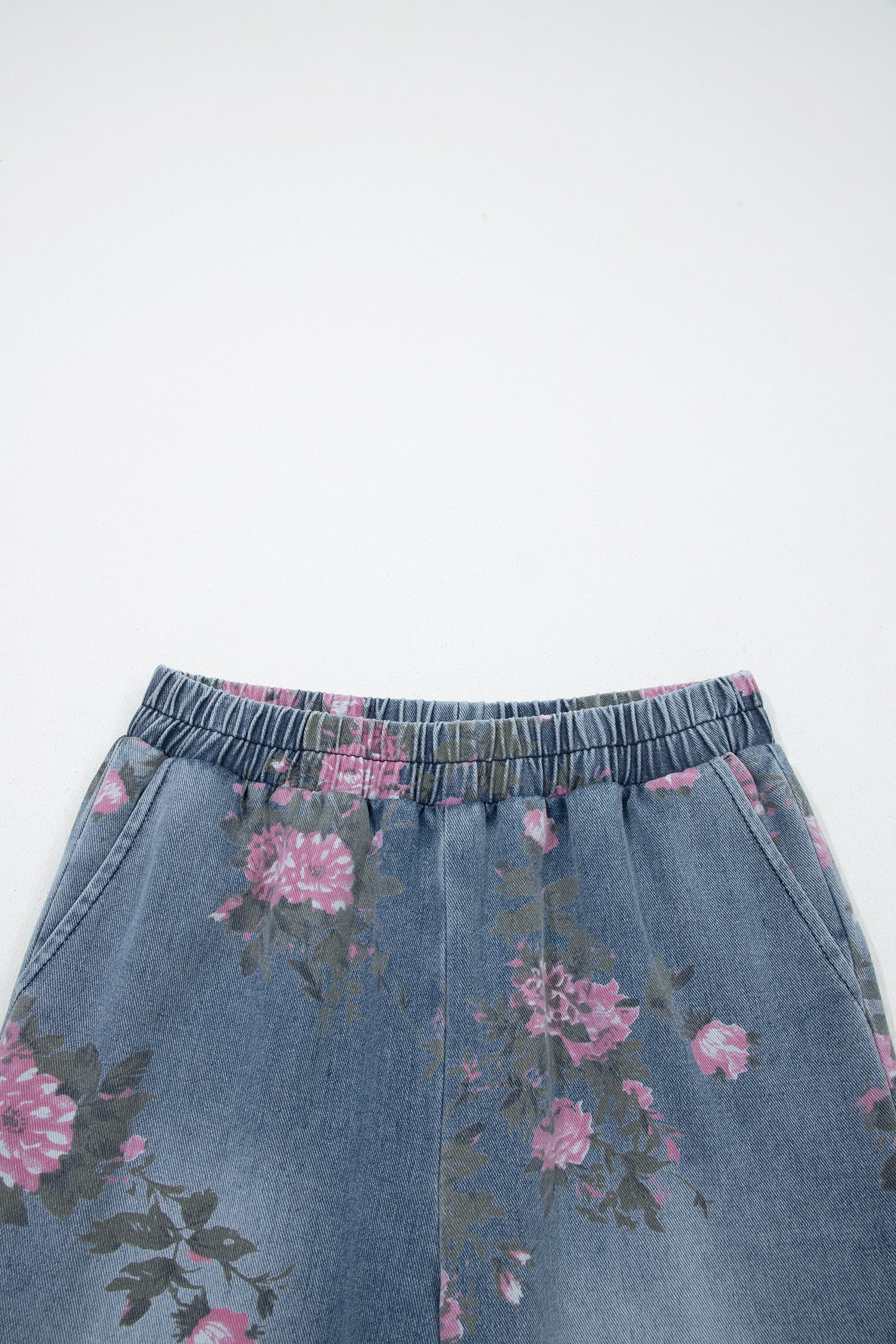 Floral Denim Wide Leg Jeans High Rise Pull-On Casual Pants