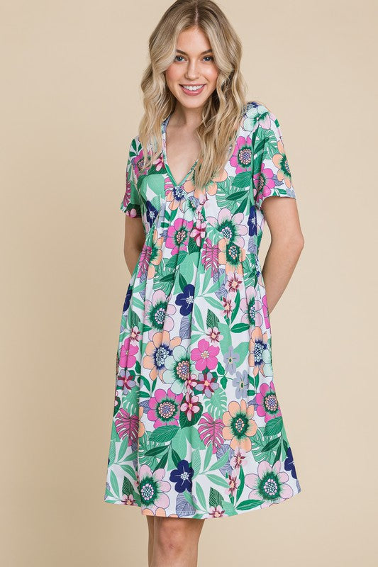 Floral V-Neck Ruched Short Sleeve Midi Dress