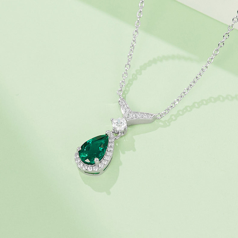 S925 Silver 2.5g 0.73ct Lab-Created Emerald Necklace, 5x5mm Teardrop Pendant, 40&5cm