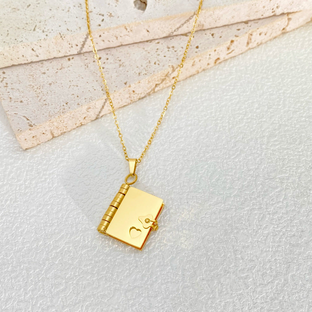 18k Gold Plated Locket Book Pendant Necklace Titanium Steel