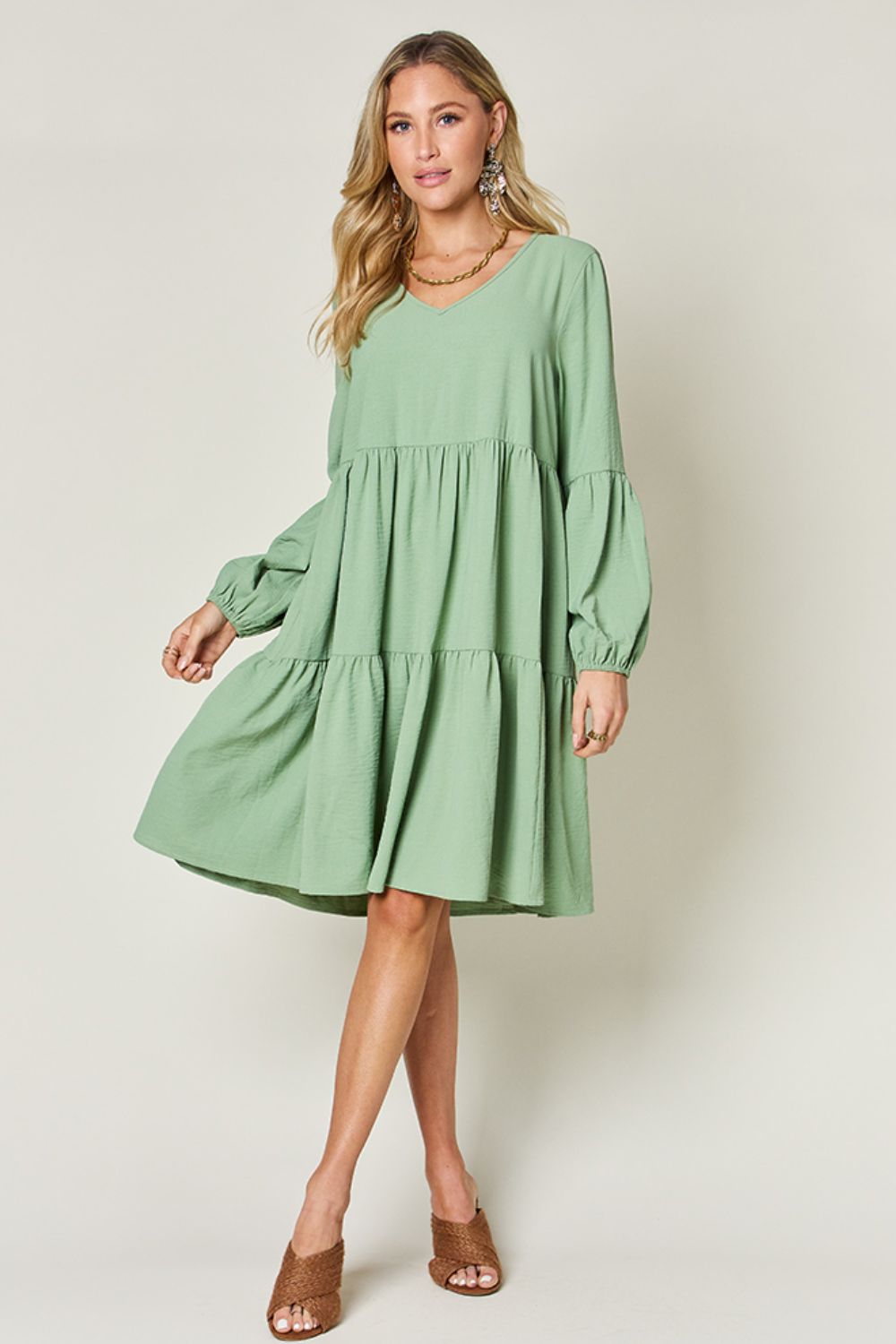 Light Green V-Neck Tiered Midi Dress with Side Pockets