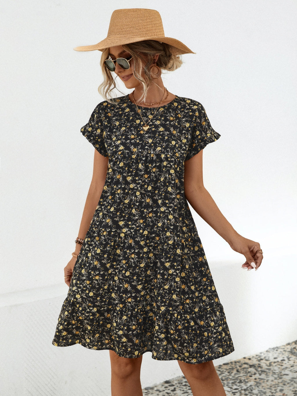 Floral Tiered Short Sleeve Dress