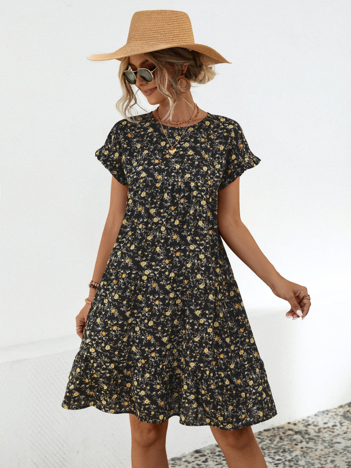 Floral Tiered Short Sleeve Dress