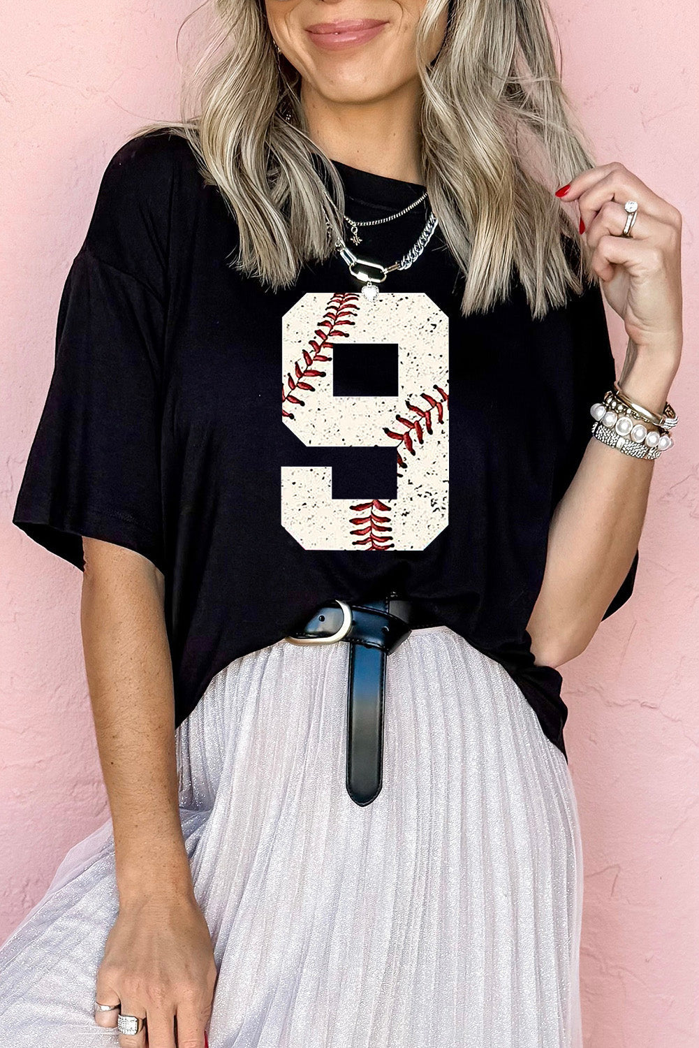 Black Game Day Baseball Pattern Oversized Heat Transfer Tee