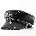 PU Leather Punk Peaked Cap with Chain & Stud Detail – Gothic Halloween Party Hat | 4 Designs: Cross, Leopard, Skull Claws & Spider