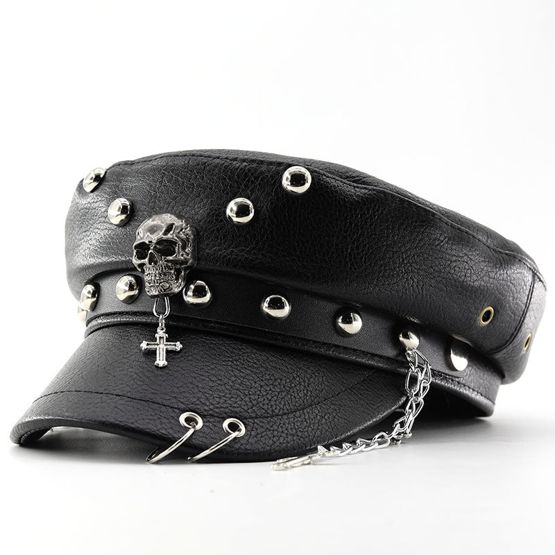 PU Leather Punk Peaked Cap with Chain & Stud Detail – Gothic Halloween Party Hat | 4 Designs: Cross, Leopard, Skull Claws & Spider