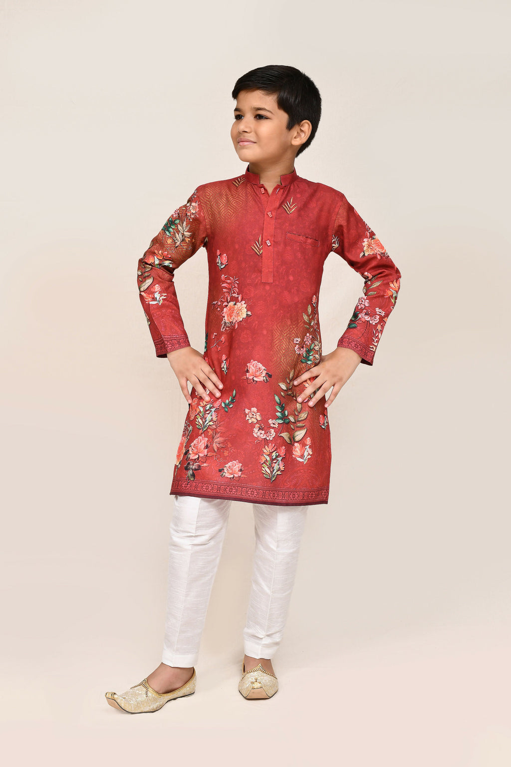 Vibrant red cotton printed kurta paired with white straight fit art silk pants