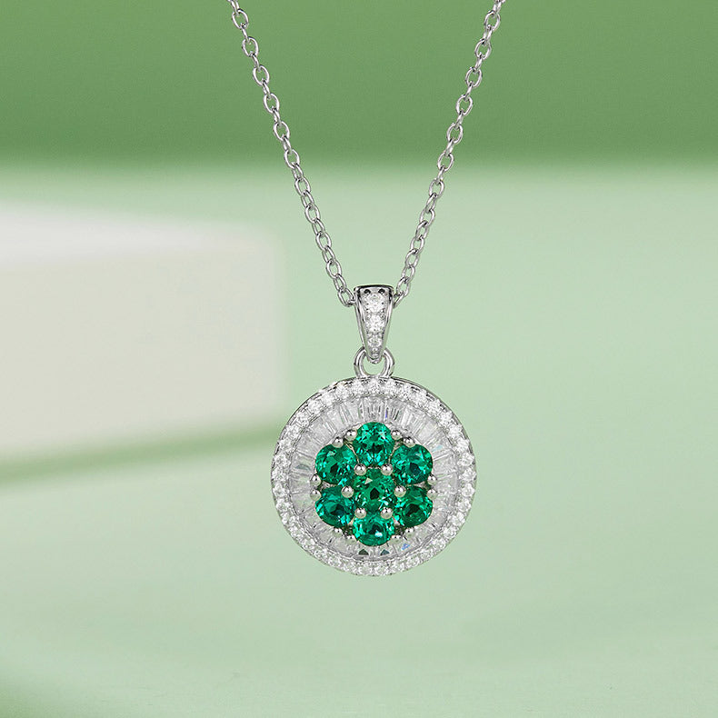 S925 Silver 3.5g 0.75ct Lab-Created Emerald Necklace, Cluster Halo Pendant, 40&5cm