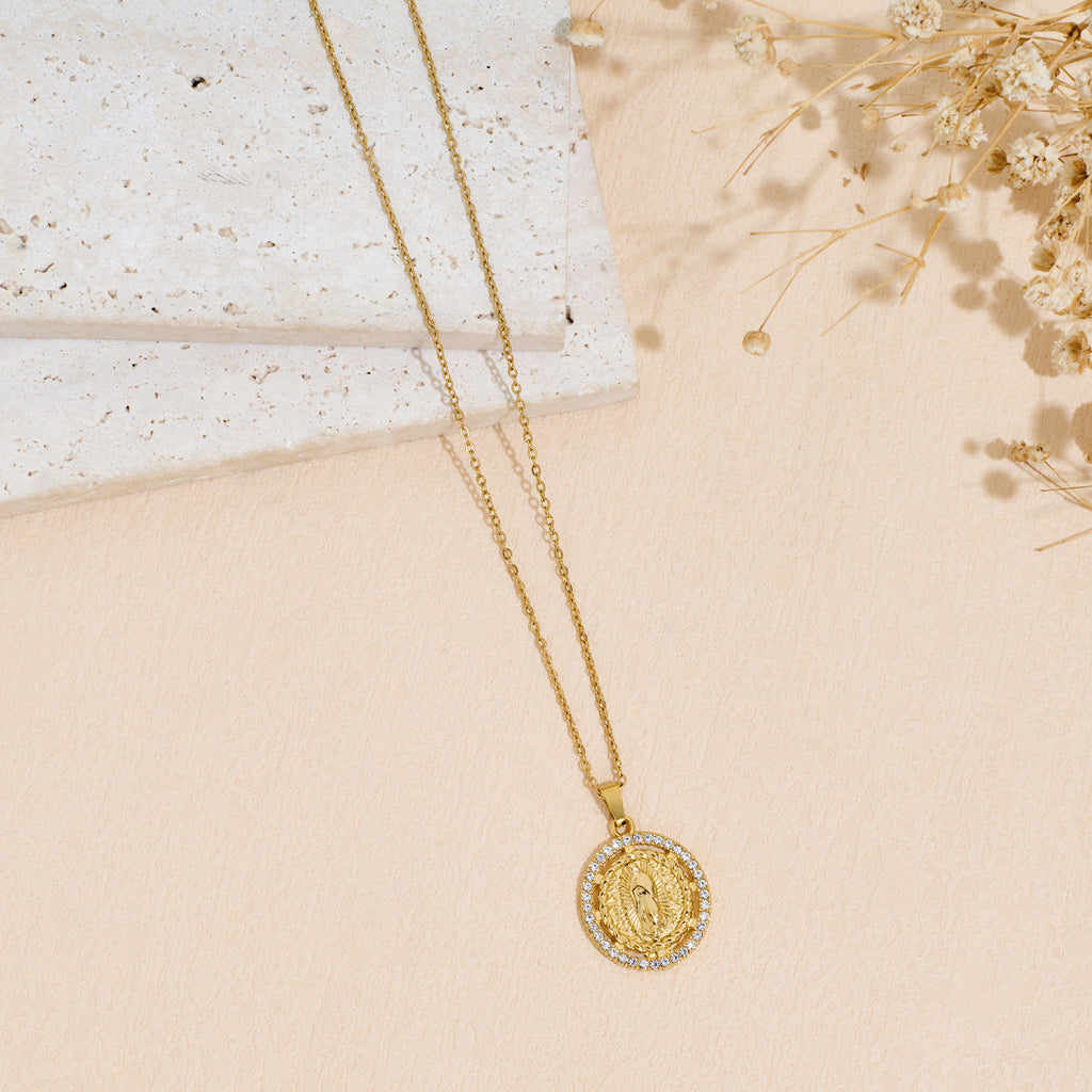 Virgin Mary Pendant Necklace with Rhinestone Inlay in Stainless Steel