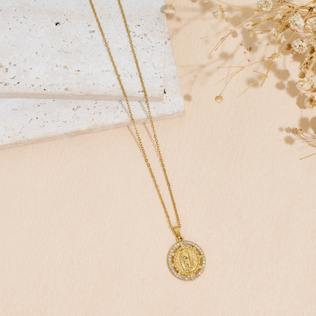 Virgin Mary Pendant Necklace with Rhinestone Inlay in Stainless Steel