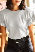 White Ribbed Ruffled Short Sleeve T-Shirt | Stretch Knit Tee