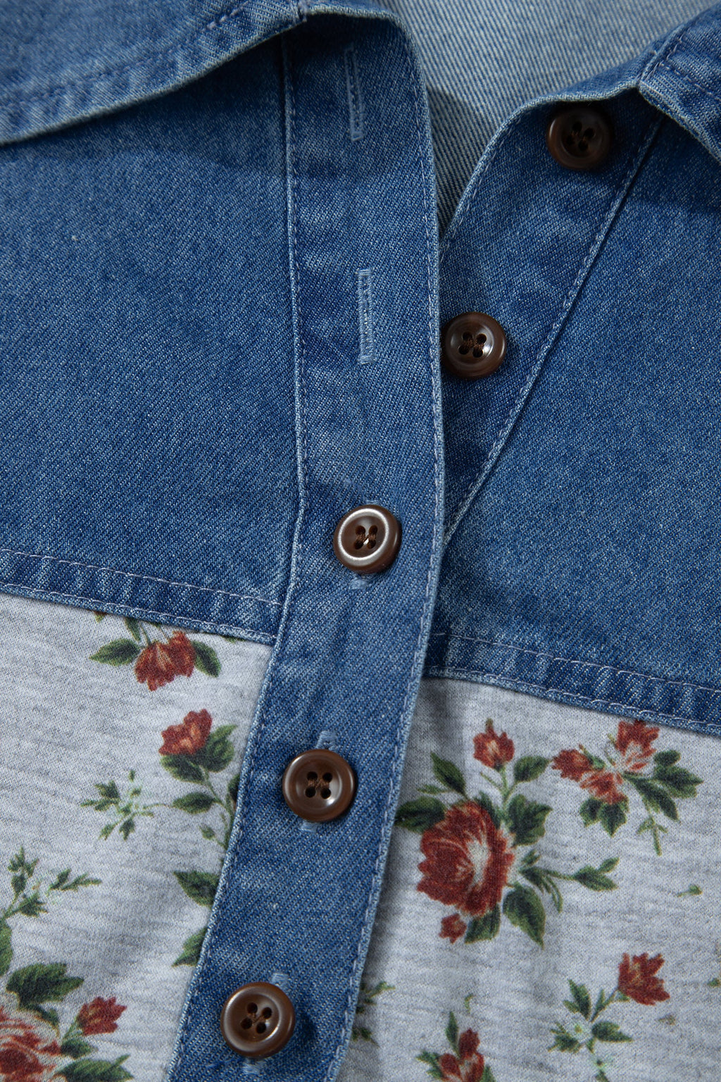 Karla Patchwork Polo Tee with Floral Print in Blue and Grey