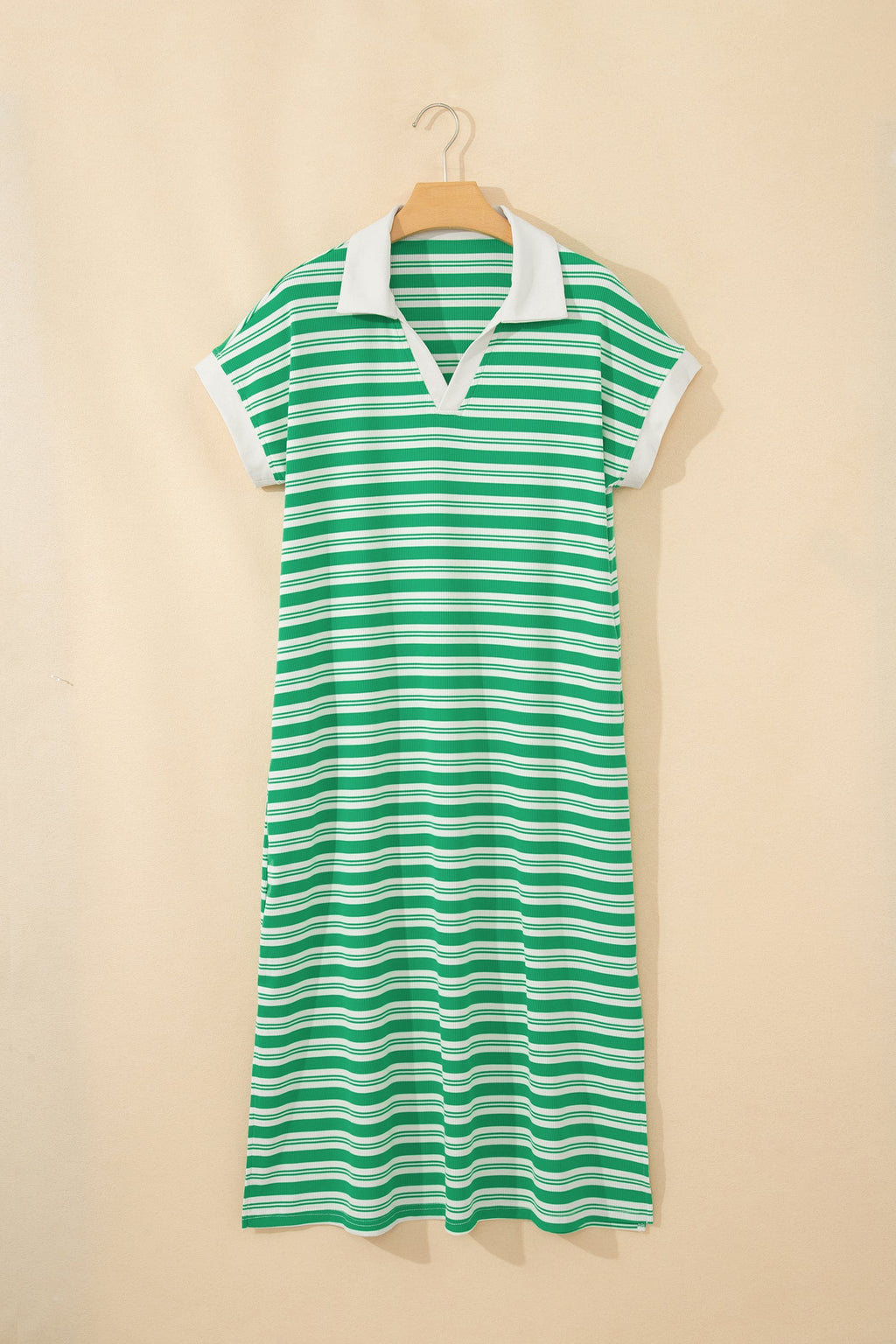 Stripe Collared V-Neck Midi Dress Short Sleeve Shift Dress