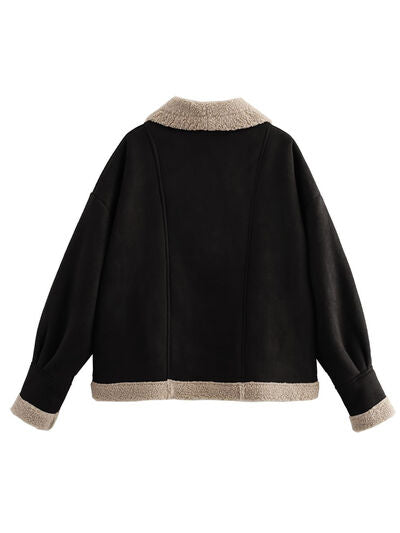 Women’s Fuzzy Collared Long Sleeve Jacket with Button Closure