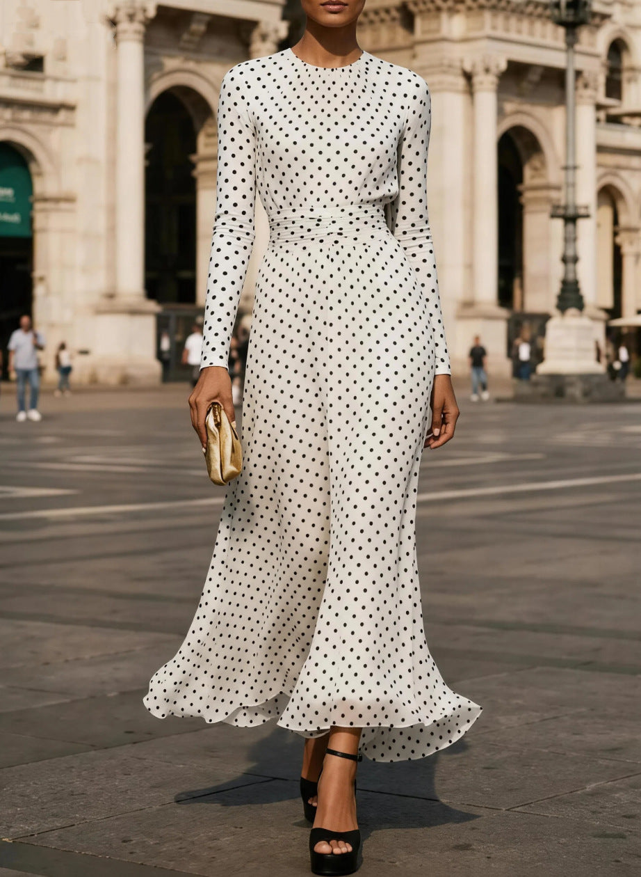 Polka Dot Sheath Dress Round Neck Long Sleeve Office Dress