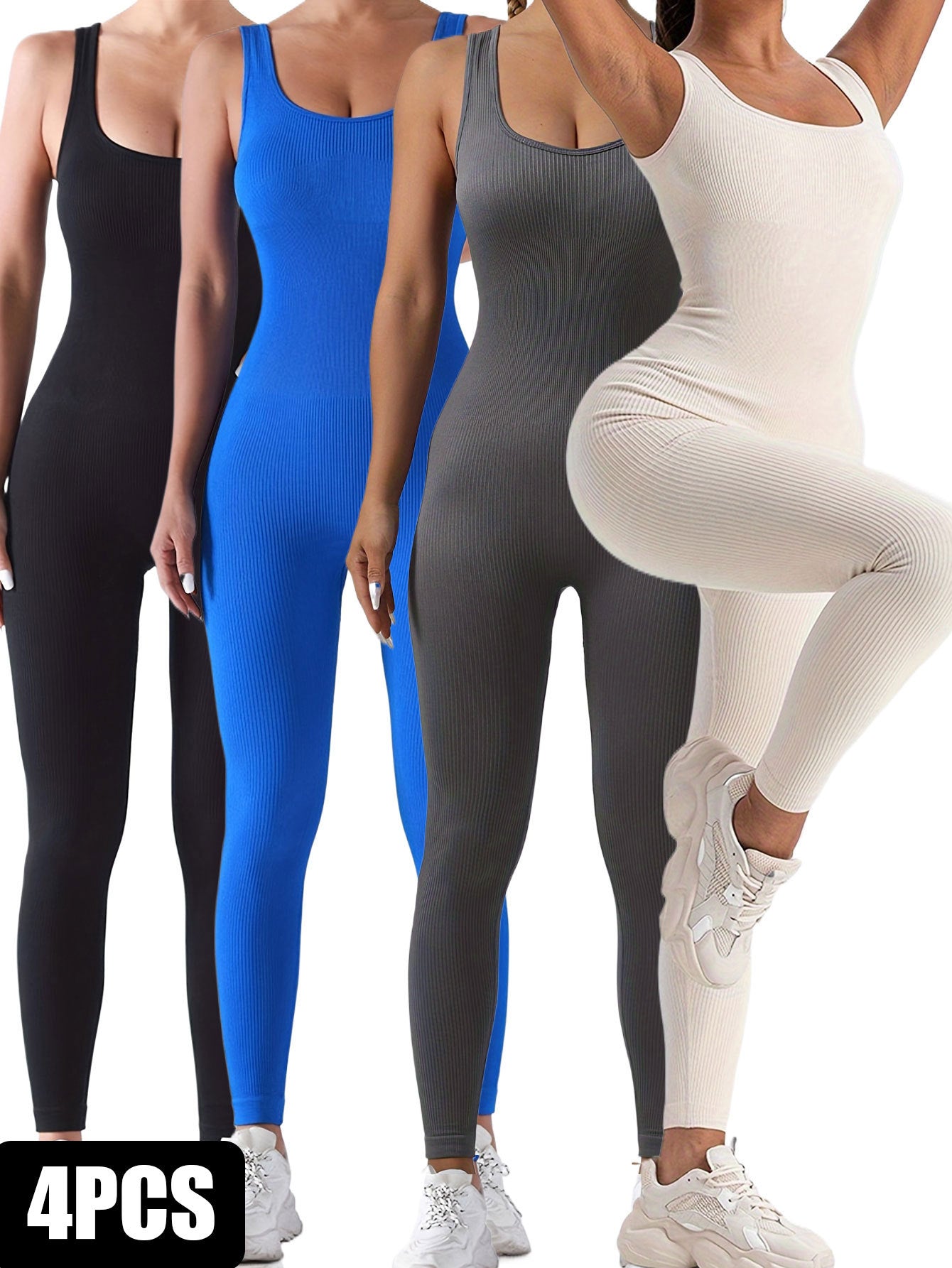 Four women wearing ribbed sleeveless jumpsuits in black, blue, dark grey, and beige