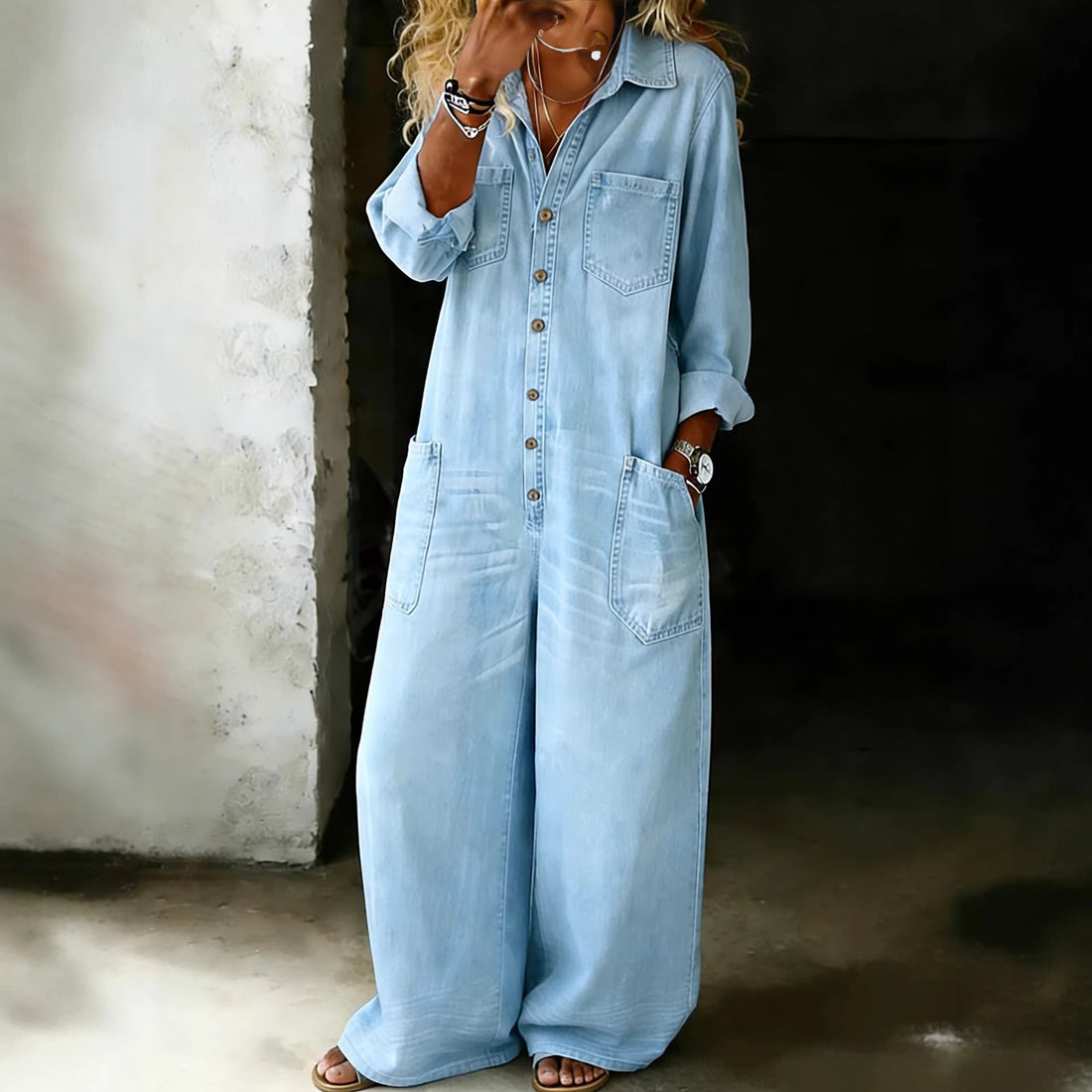 Women's Vintage Washed Wide-Leg Denim Jumpsuit with Pockets