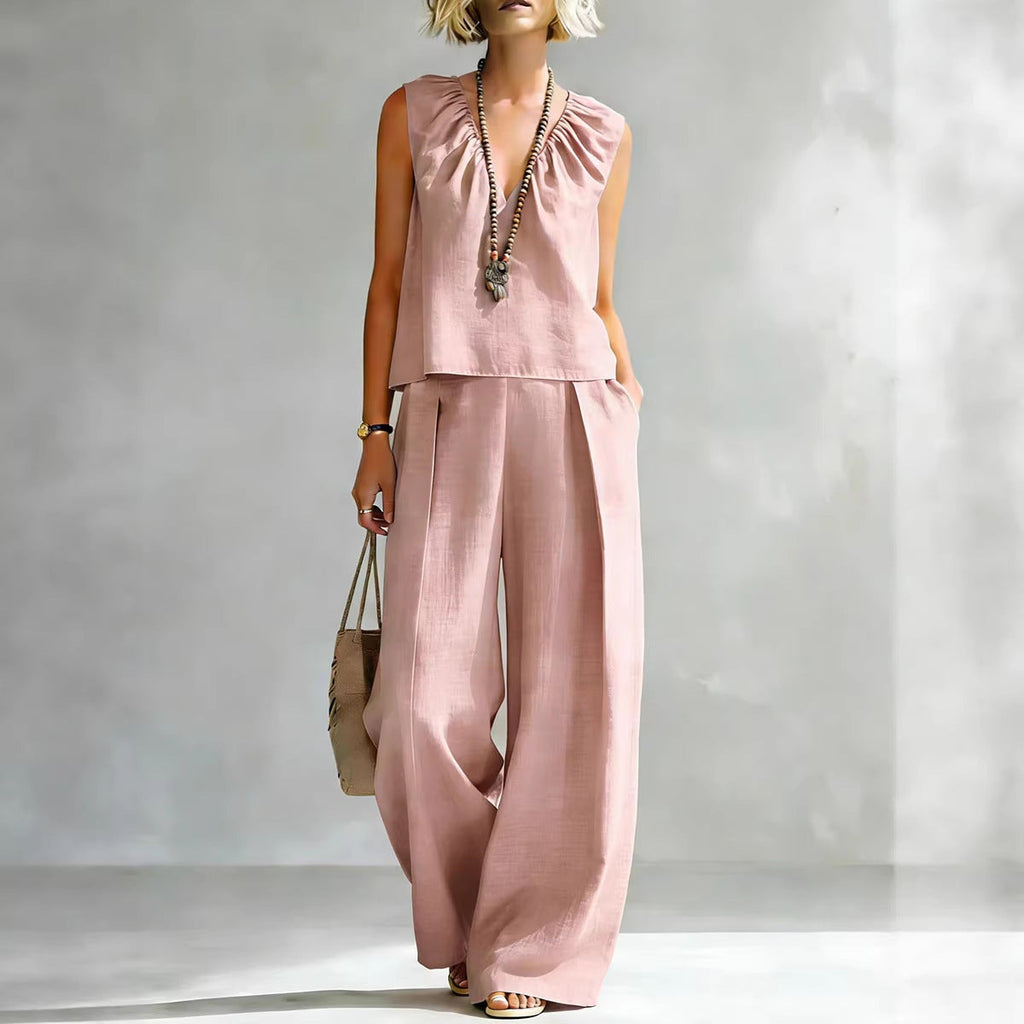 Women's Sleeveless Cotton-Linen Blouse and Wide-Leg Pants Set - Image 5