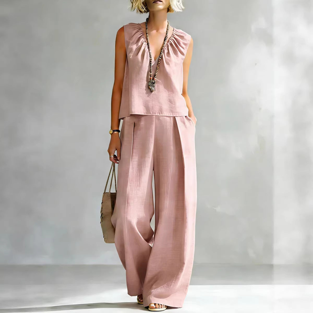 Women's Sleeveless Cotton-Linen Blouse and Wide-Leg Pants Set - Image 5