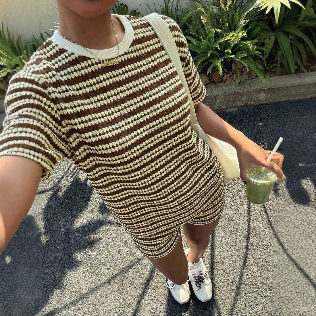 Women's Striped Crew-Neck Short-Sleeve T-Shirt and Shorts Set - Image 2