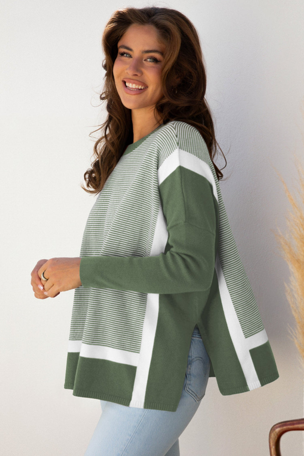 Stripe Colorblock Patchwork Dolman Sleeve Sweater