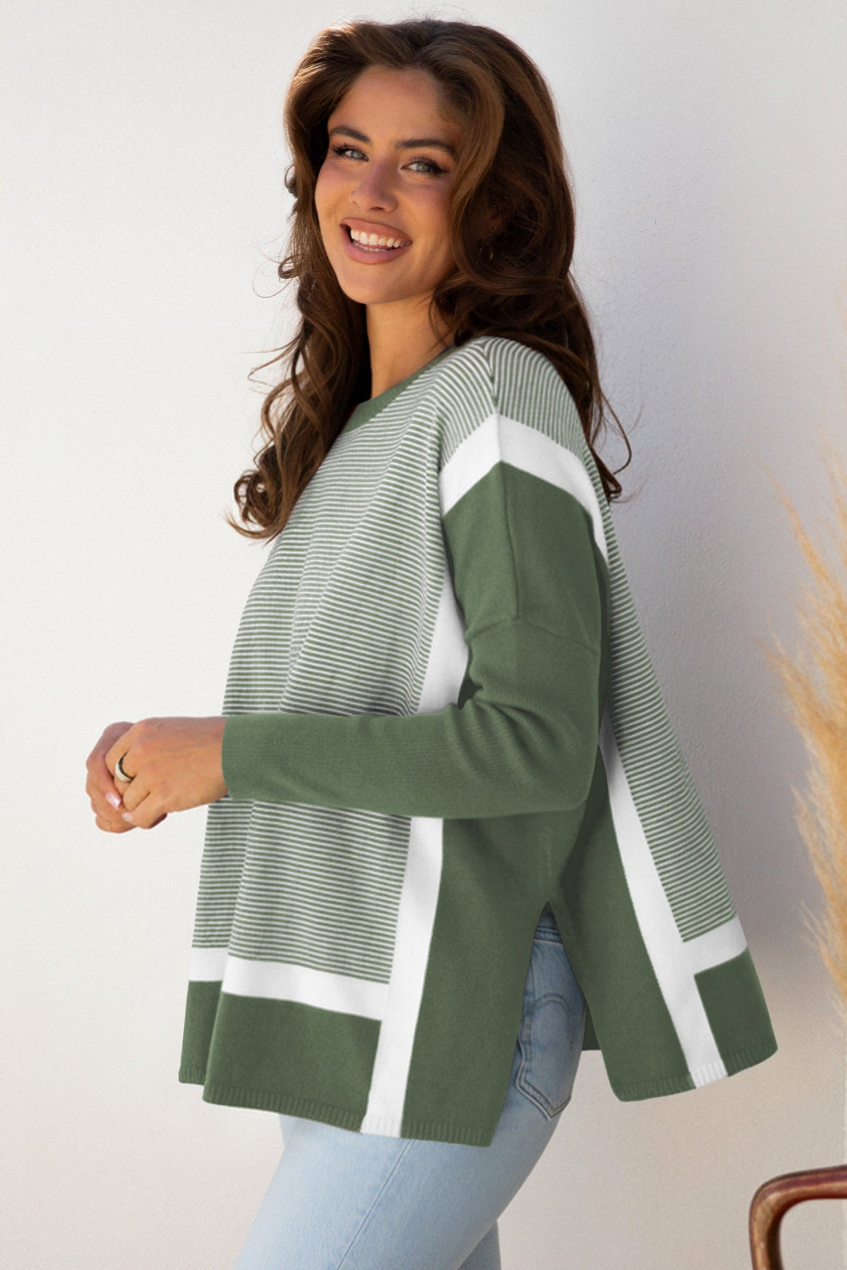 Stripe Colorblock Patchwork Dolman Sleeve Sweater