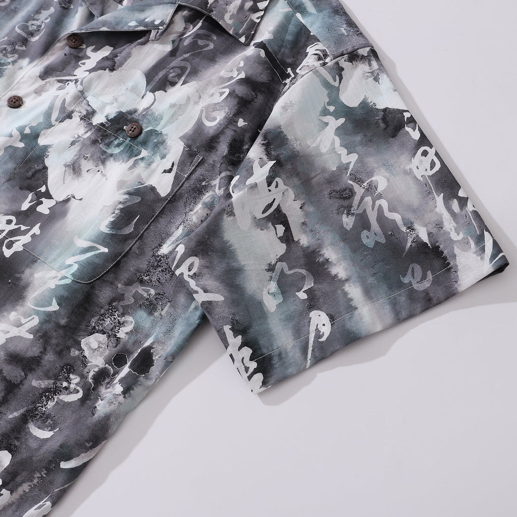 Chinese Ink Painting Print Short Sleeve Cotton Camp Collar Shirt