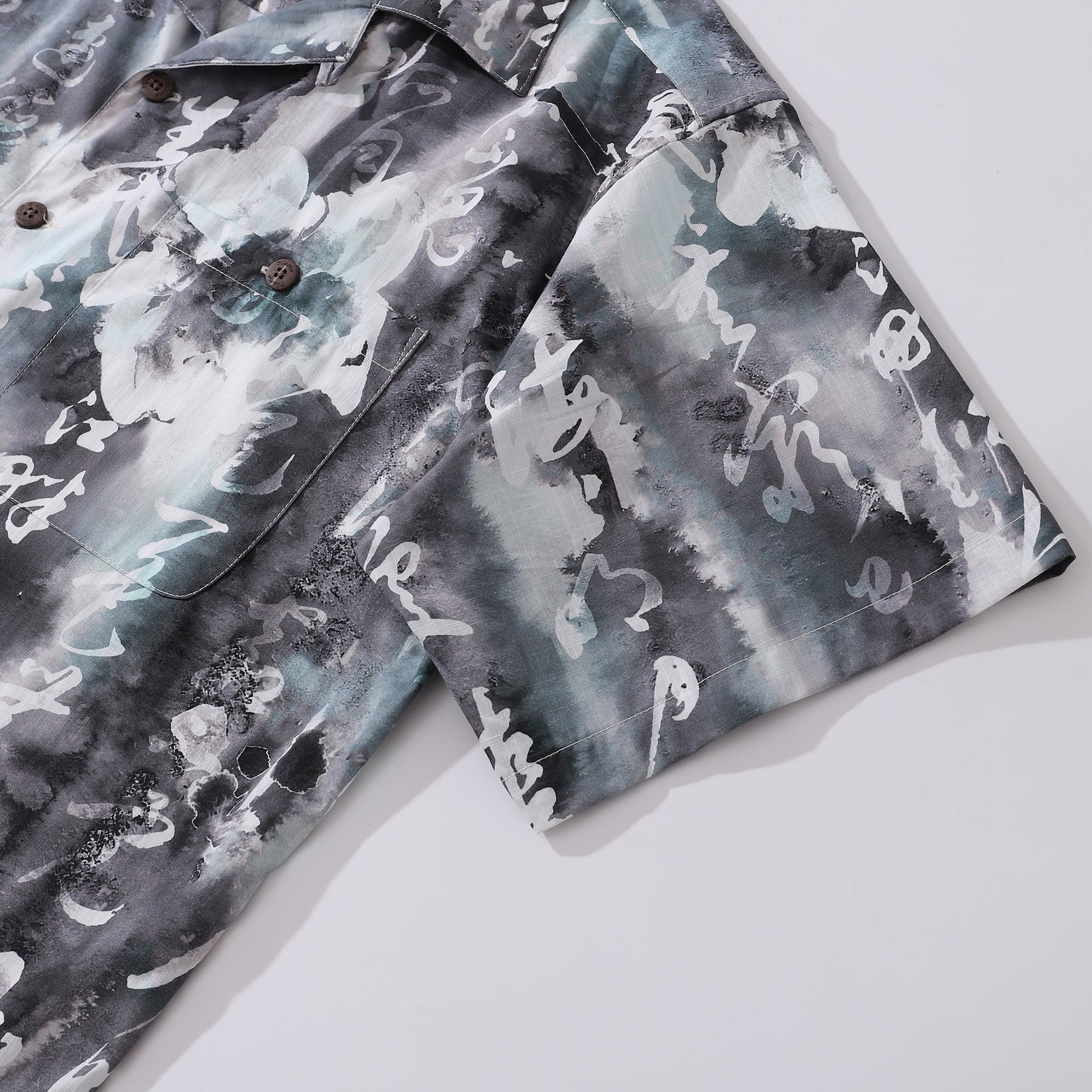 Chinese Ink Painting Print Short Sleeve Cotton Camp Collar Shirt