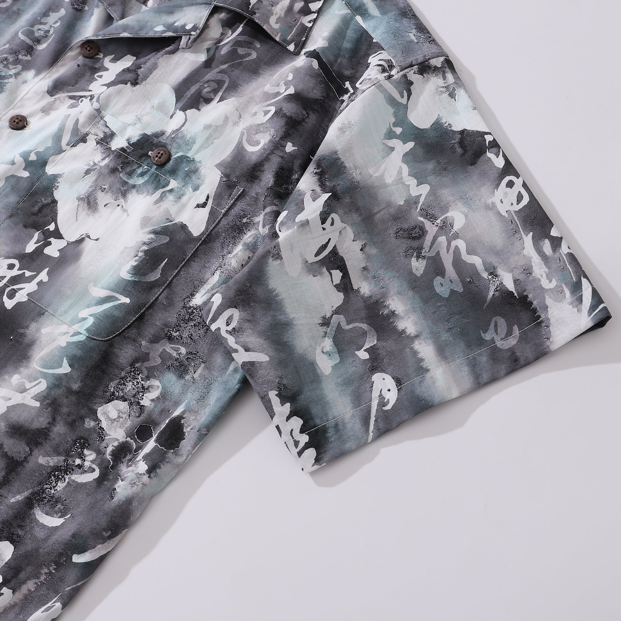 Chinese Ink Painting Print Short Sleeve Cotton Camp Collar Shirt