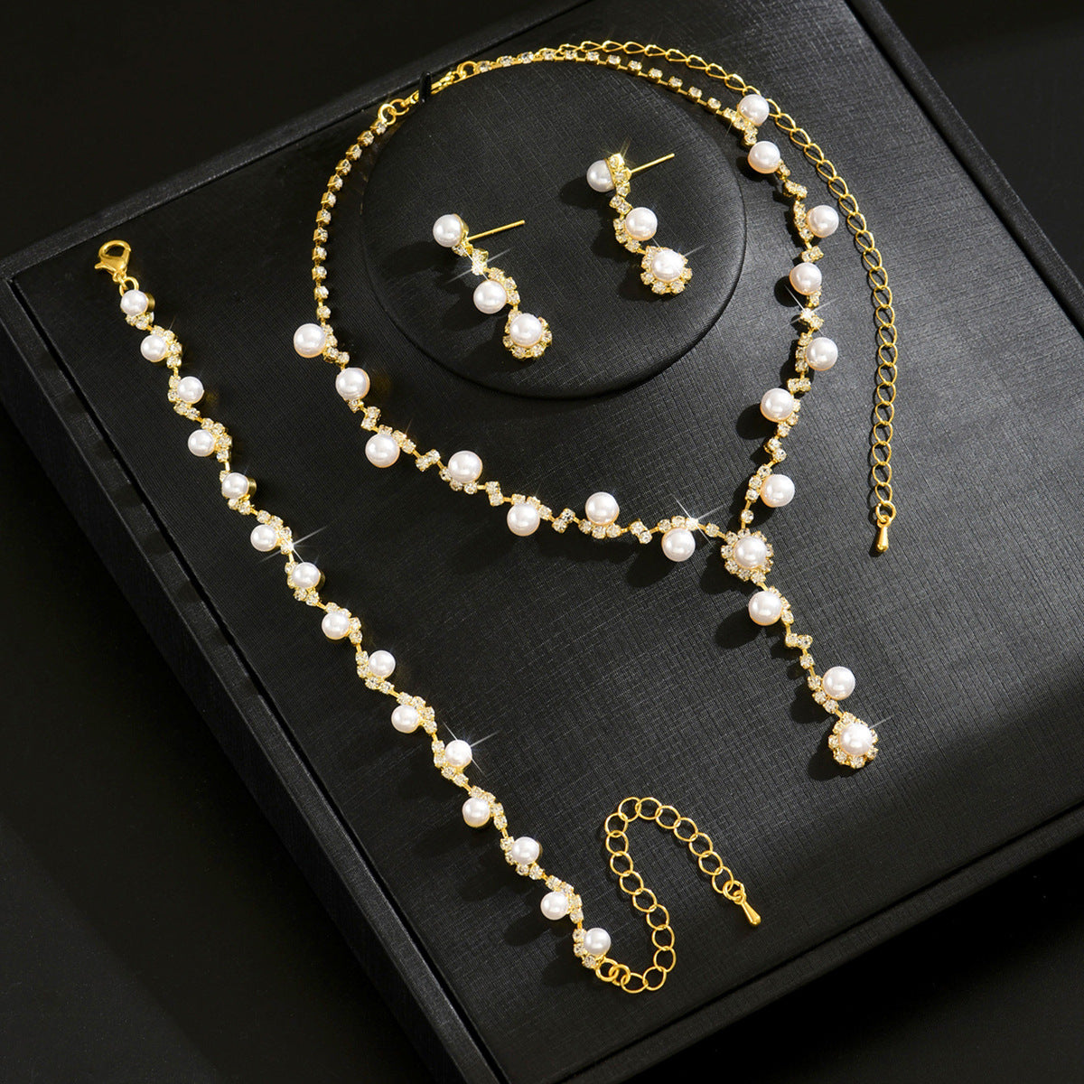 Women 3 Pcs Rhinestone Pearl Jewelry Set,Choker Necklace Dangle Earrings Bracelet,Elegant Costume Accessories For Dinner Party Evening Dress Occasion