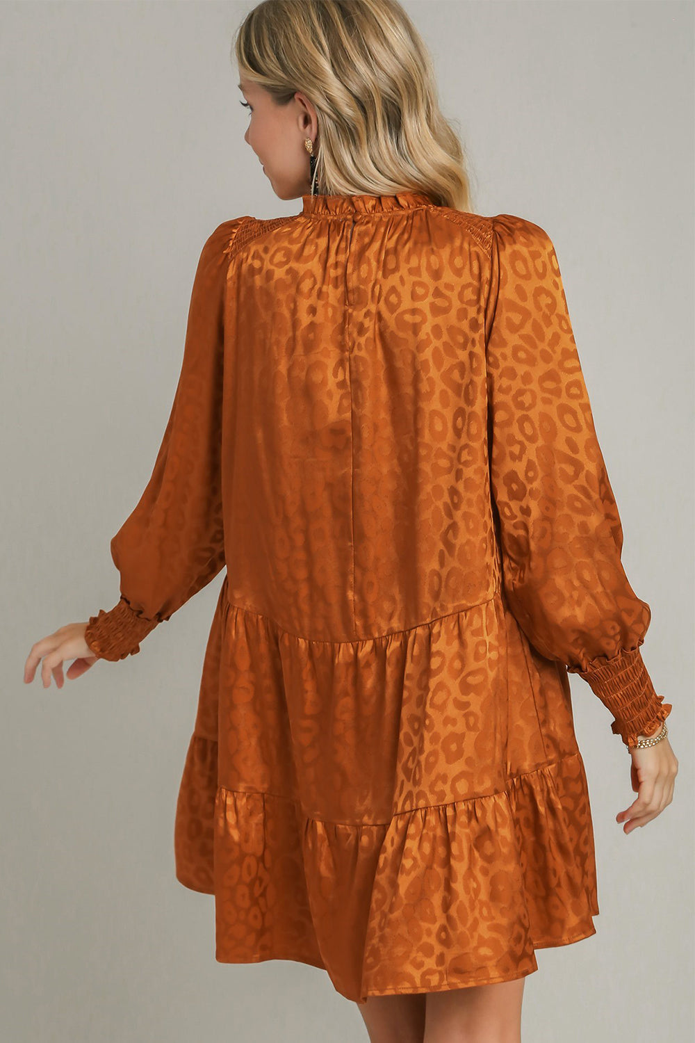 Smocked Leopard Print Long Sleeve Tiered Dress