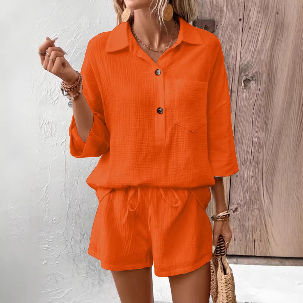 Women's Button-Down Lapel Shirt and Drawstring Shorts Set - Image 3