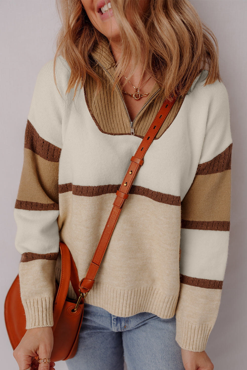Colorblock Stripe Quarter Zip Collared Sweater