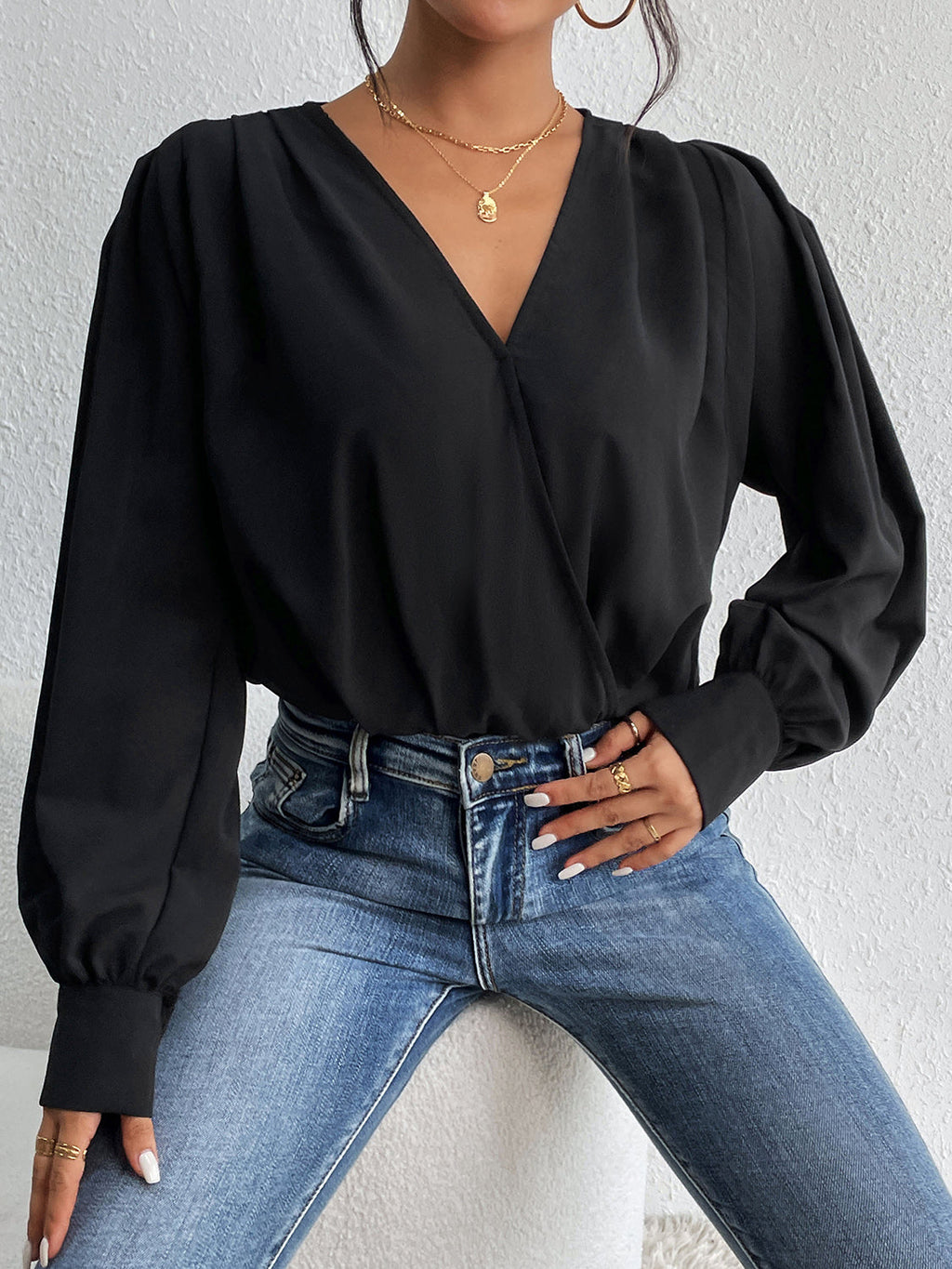 Perfee Surplice Ruched Long Sleeve Bodysuit | Polyester