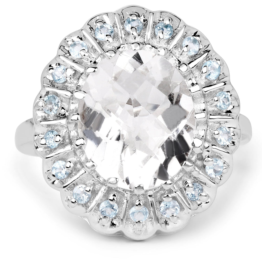 5.90 Carat Genuine Crystal Quartz and Swiss Blue Topaz .925 Sterling Silver Ring