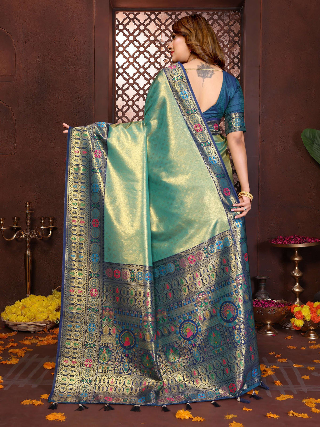 Sea Green Tissue Silk Saree with Elegant Weaving