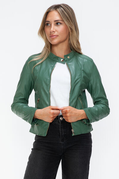 Women's Faux Leather Zip-Up Hooded Jacket Casual Urban Streetwear