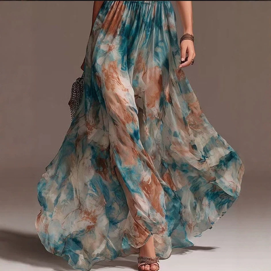 Halterneck Backless Floral Print Long Dress – A-Line Maxi