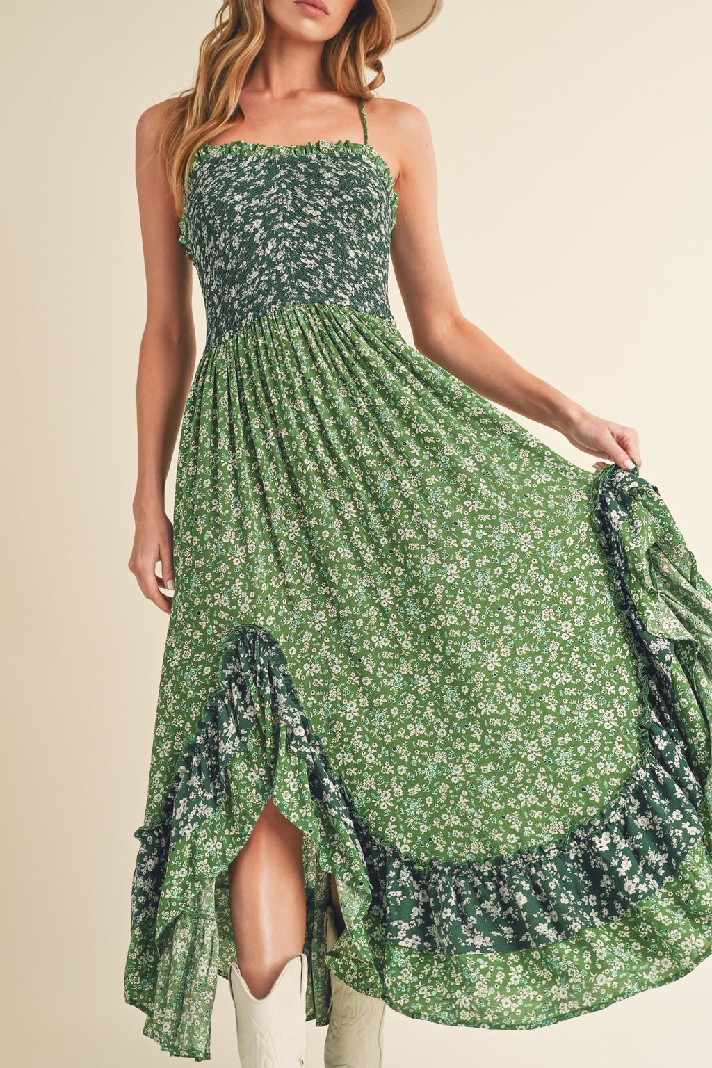 Ditsy Floral Ruffled Hem Maxi Cami Dress in Green & White