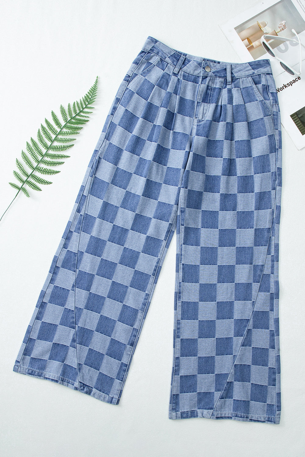 Checker Denim Wide Leg Jeans