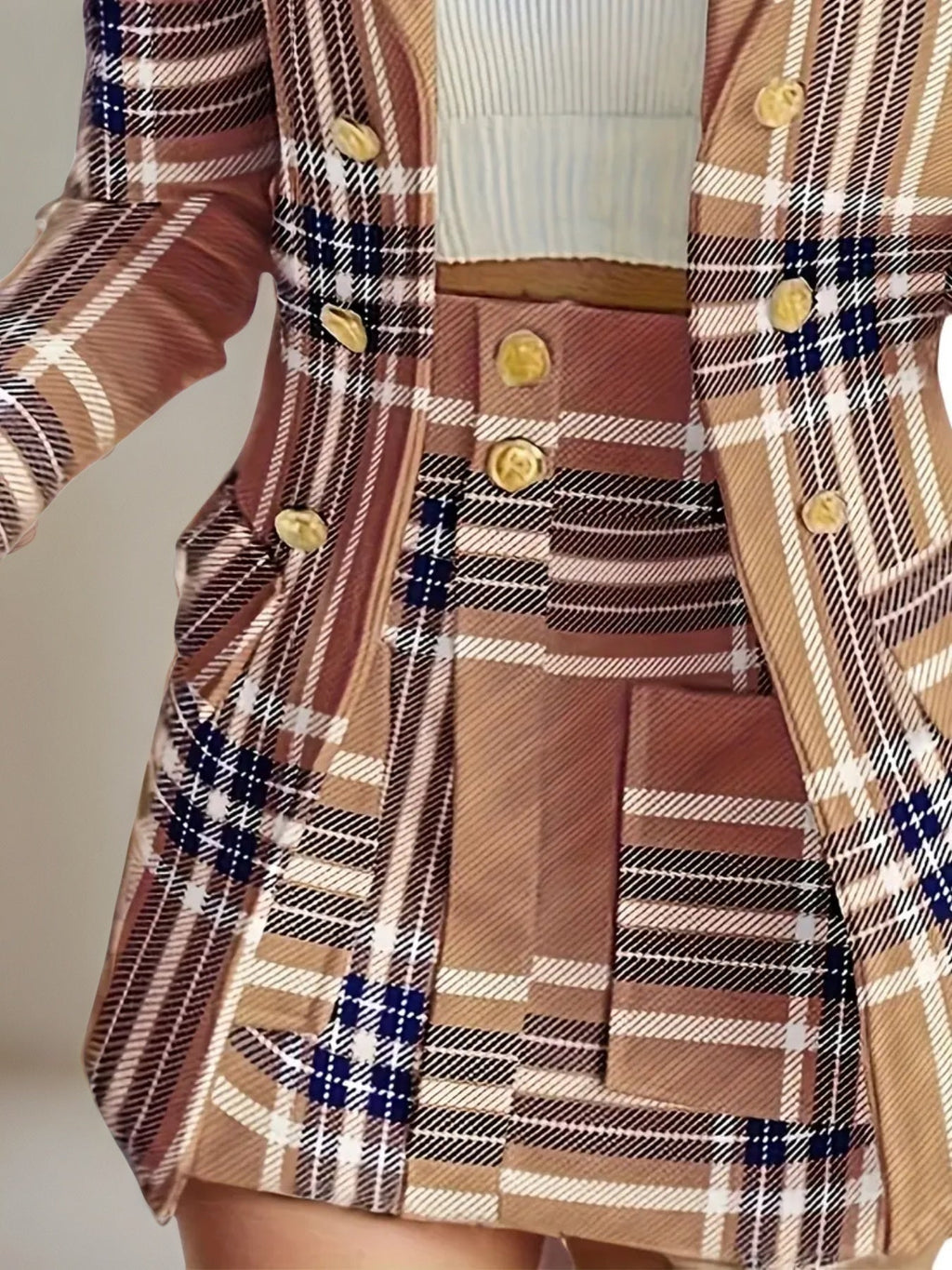 Women’s Double Breasted Plaid Jacket and Skirt Two Piece Set - Image 5