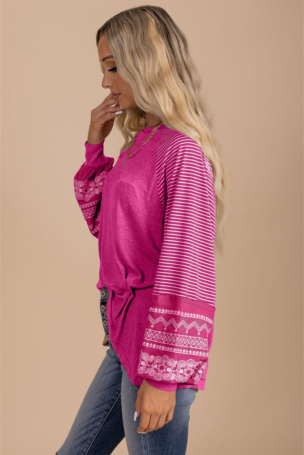 Tillandsia Purple Contrast Print Striped Raglan Long Sleeve Loose Top