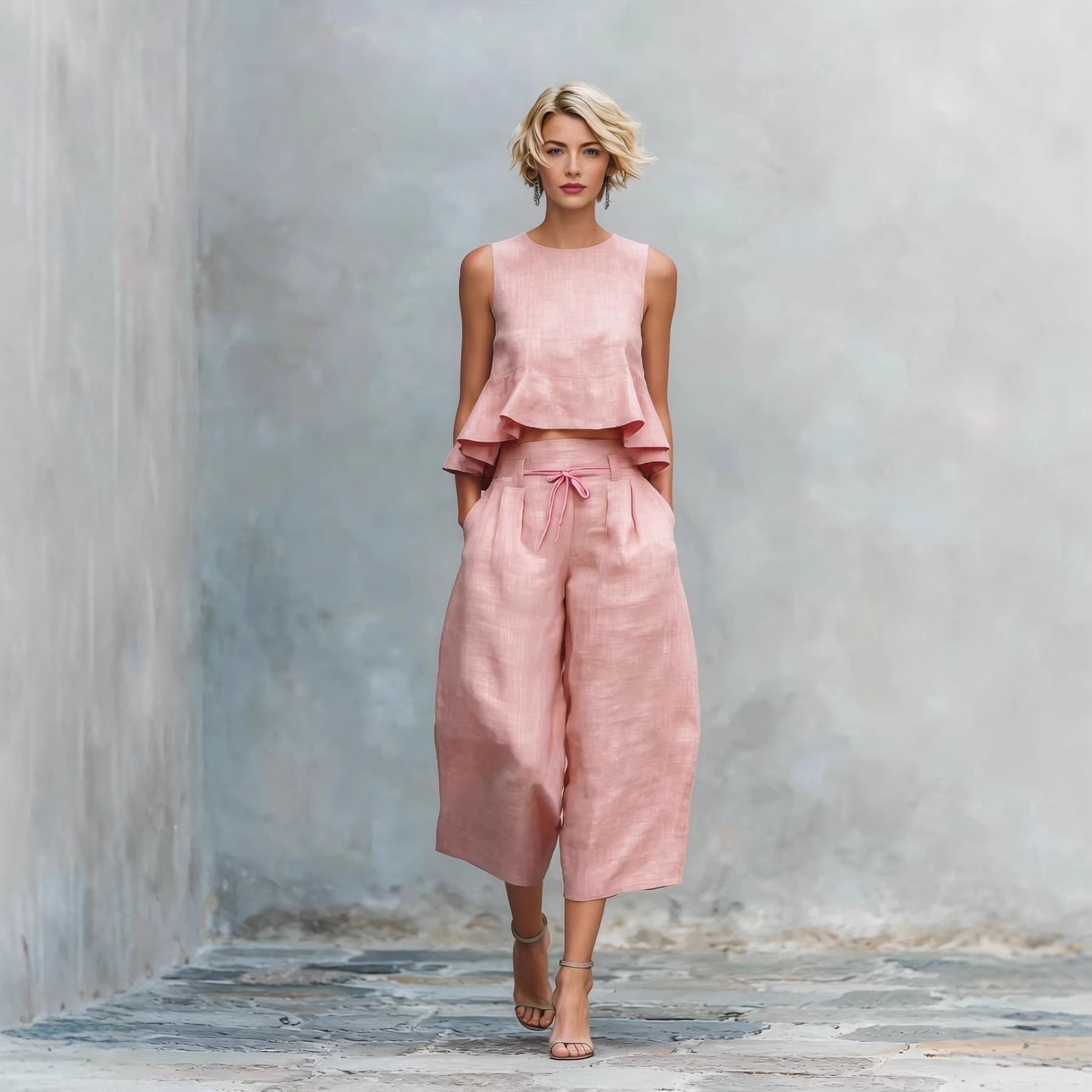 Women's Linen-Blend Sleeveless Ruffled Top and Cropped Pant Set